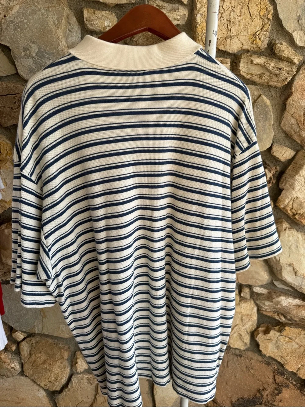 Vintage Polo Ralph Lauren 1X Big Cream Navy Striped Mesh Polo Shirt